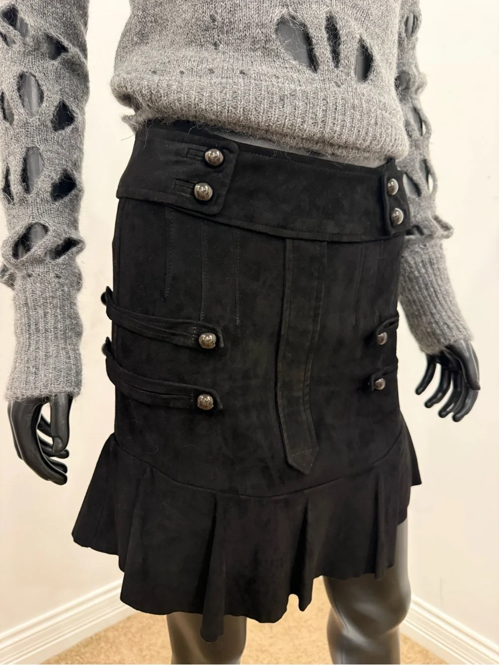 Isabel Marant Runway Black Lambskin Leather Stretch Ruffle Mini Skirt 36 NEW